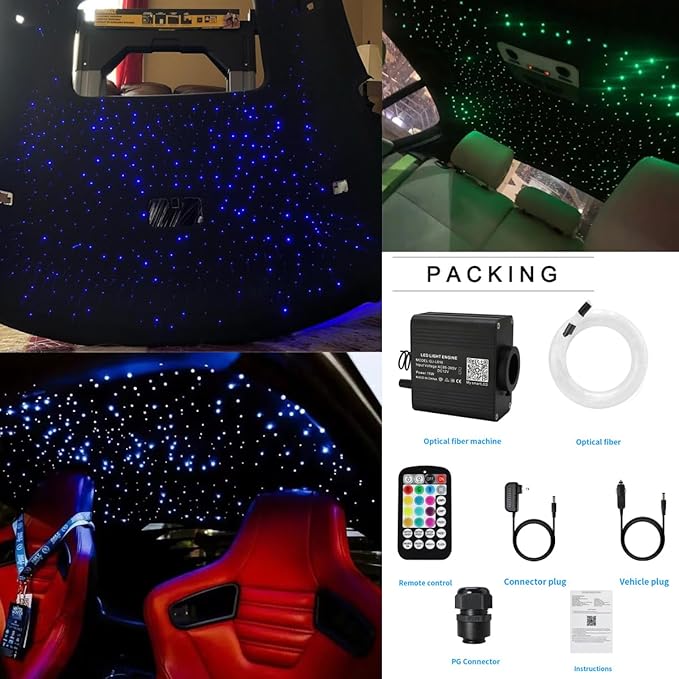 AZIMOM 16W Twinkle & Sound Activate 300pcs*0.03in*9.8ft Fiber Optic Starlight Headliner Kits for Car Home Star Ceiling Sky Decoration, APP& Remote Control Light Engine End Glow Fiber Strands
