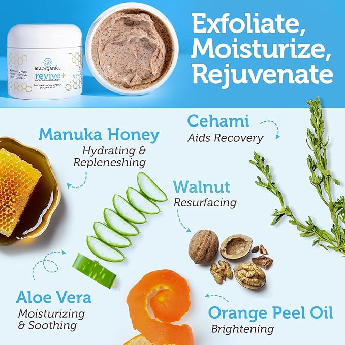 Era Organics Microdermabrasion Facial Scrub & Face Exfoliator - Spa Quality Exfoliating Mask with Manuka Honey Plus Walnut for Blackheads, Buildup, Wrinkles 4oz