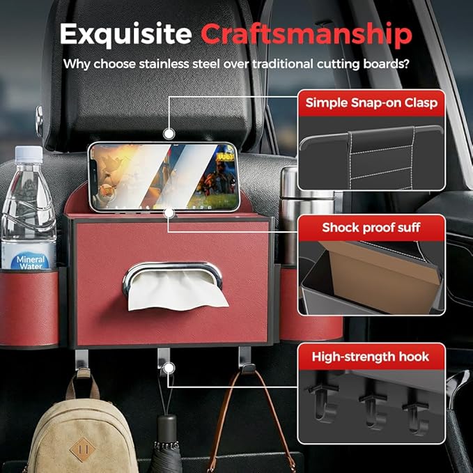 Back Seat Car Organizer,3 in 1 Car Backseat Storage Box with Cup Holder,Tissue Box,Trash Bin&Hooks,Multifunctional Waterproof Storage for Hold Phones Snacks Drinks Handbags (1, A-Orange)