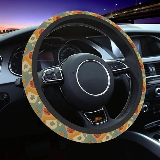 Car Steering Wheel Cover for Women Men, Non-Slip Flower Retro Steering Wheel Protector, Universal 14"-15" Fit for Cars, SUVs, Trucks (Flower Retro)