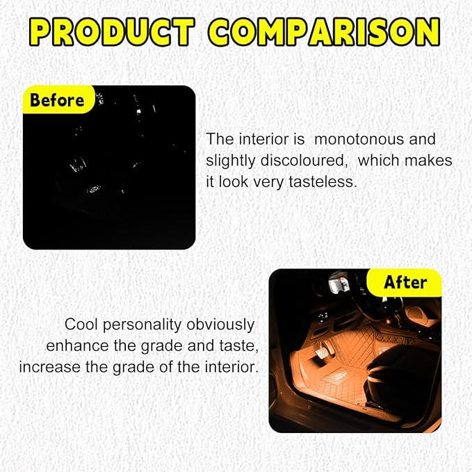 Car LED Strip Light, 48 LEDs RGB Neon Interior Atmosphere Lights, 12V Under Dash Ambient Night Light, Cigarette Lighter Auto Interior Decorative Lamp, Car Accessories (Orange-Yellow)