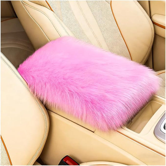 Car Center Console Cover, Fluffy Soft Vehicle Middle Console Arm Rest Cushion Pad, Furry Automotive Interior Armrest Seat Box Protector Decoration Accessories, Universal Fit (Dark Pink)