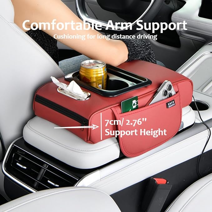 Armrest Box Pad for Car w/Type-C Charging Interface, Car Center Console Cover w/Cup Holder, Interior Car Accessories (Burgundy)