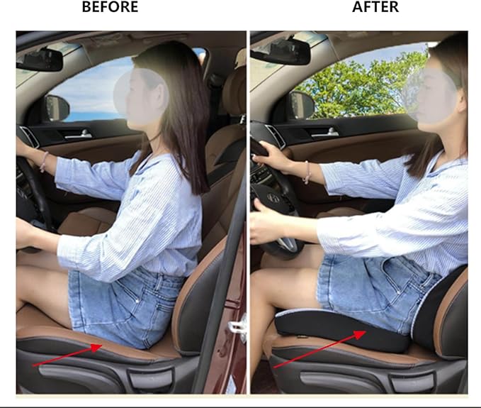 Heightening Wedge Car Seat Cushion Pad for Driving with Comfort Memory Foam, Curved Design Closely Adheres to The Lumbar Spine and Buttocks, Relieving Fatigue Broader Vision (Cushion Set,Black)