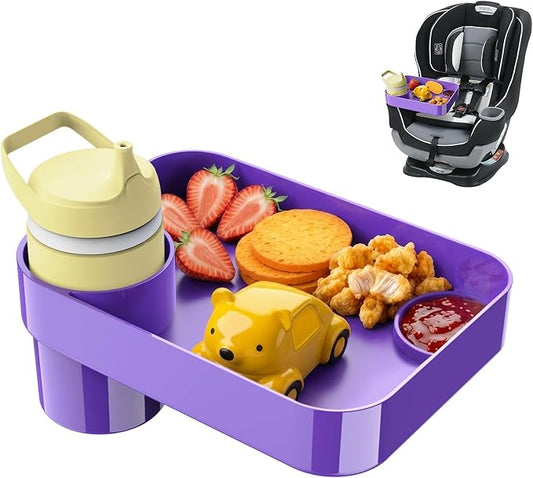 Car Seat Snack Tray for Toddlers - 3 Inch Cup Holder Fits Most Sippy Cups & Straw Bottles with Dip Well, Mess-Free Square Kids Travel Tray Road Trip Essentials, Purple