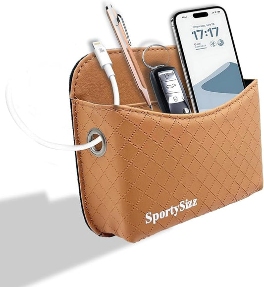 Car Door Organizer, PU Leather Storage Pouch with Strong Sticky Back for Phone, Keys - Fits Car Seat Side Pocket & Console Gap, Universal Car Accessories - Brown