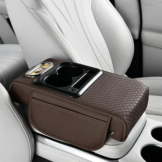 2026 Upgraded Car Center Console Cushion with 30w USB& Type-C Charging Ports, Leather Car Armrest Pad Cover, Interior Accessories for Most Vehicles (Classic Flat Version, Coffee)