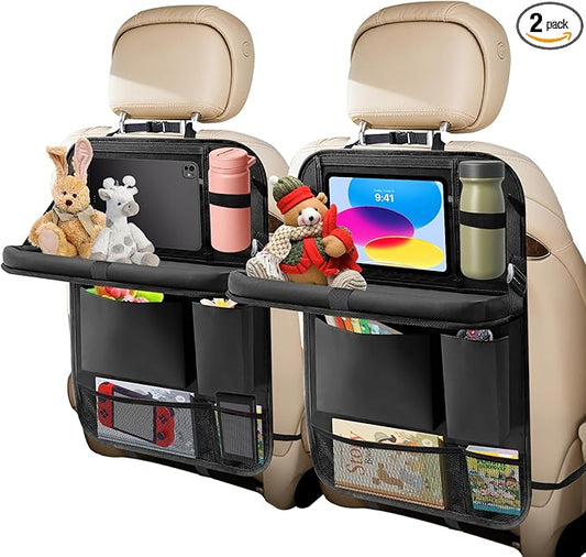 Car Backseat Organizer: Back Seat Storage Organizer for Kids with Tablet Holder, Heavy Duty Back Seat Protector with Foldable Table Tray, Kick Mats w/Pockets, Road Trip Essentials, 2 Count