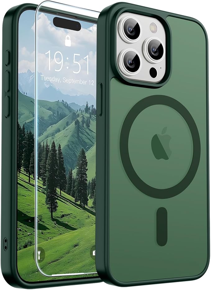 SUPFINE Magnetic for iPhone 15 Pro Case (Compatible with MagSafe) (Military Grade Drop Protection) Slim Translucent Matte Shockproof with Anti-Fingerprint Phone Case,Forest Green