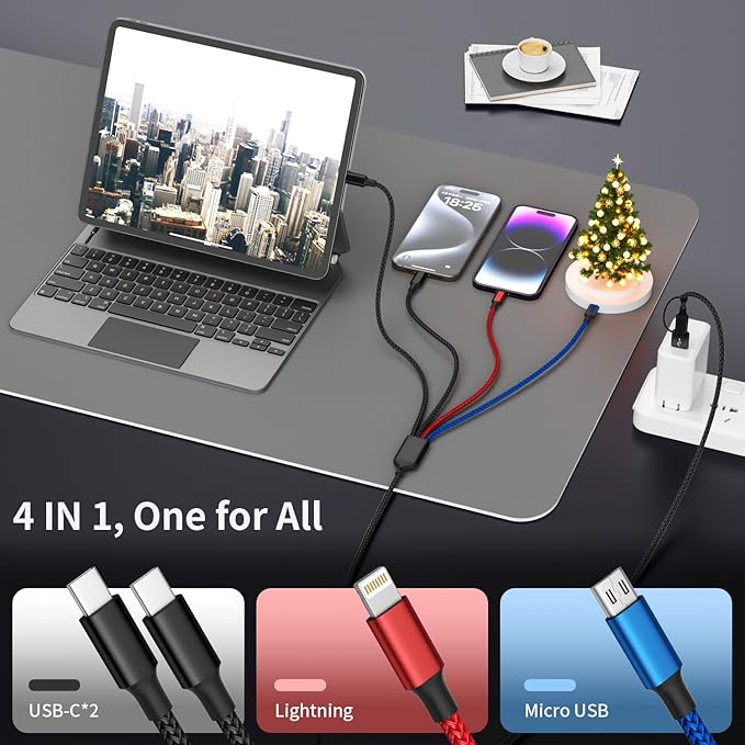 6FT 2Packs Travel 4 in 2 Charging Cable with Dual Type-C Ports, USBA/C Multi Charging Cable for Multiple Devices, Tinned Copper Universal Car Charger for iPhone17-12, Android Tablet Pad and More