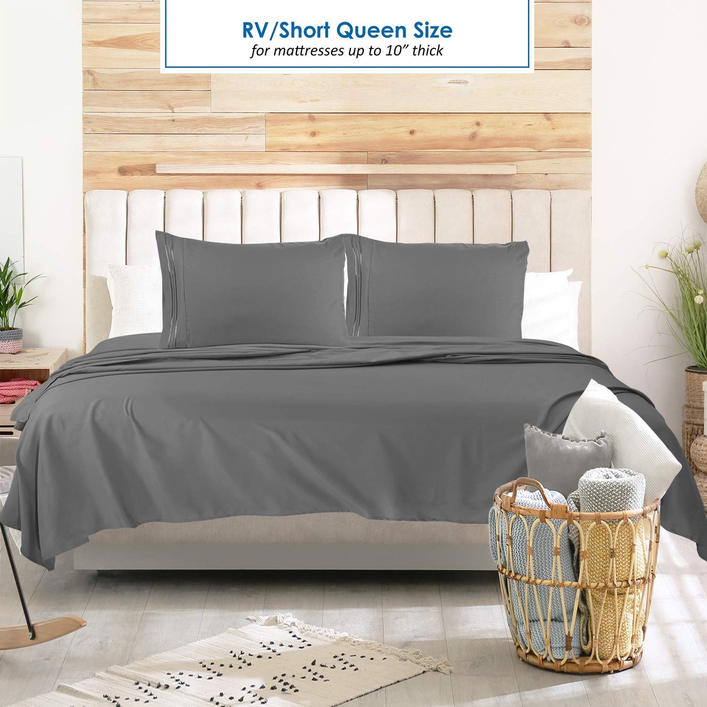 Nestl Dark Grey Short Queen Sheets for RV, Hotel Luxury RV Queen Sheets Set, 6 Piece Fitted Bed Sheet Set and Pillowcases, Super Soft, Wrinkle-Free, and Breathable Camper Bedding