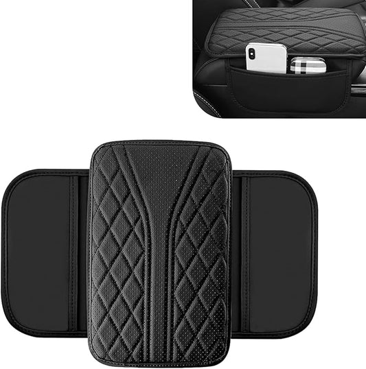 Car Center Console Cover, Leather Center Armrest Cover with Storage Bags, Automotive Heightening Console Protection Pad, Universal for Cars, Trucks, SUVs (Black)