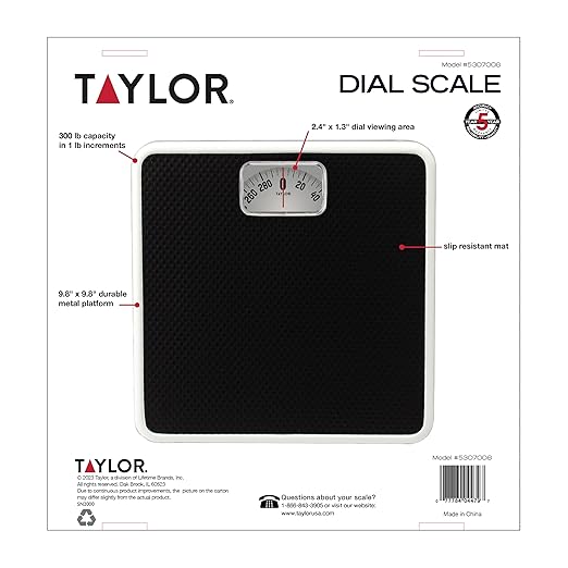 Taylor Analog Scale, Dial Scale for Body Weight, Mechanical Bathroom Scale, Highly Accurate Non-Digital Weighing Machine, Measures Weight up to 300 lb Capacity, Battery Free, FSA HSA Eligible, Black