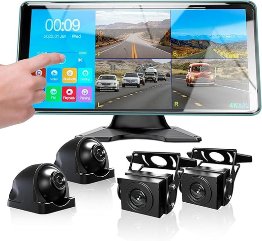 4K Backup Camera 4CH Dash Cam 10.36" Quad Split Touch Screen & 4 AHD Front Rear Sides View Camera w/DVR Recording Music Video Playback Avoid Blind for RV Semi Trailer Truck Van