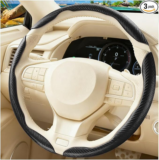 3PCS Carbon Fiber Car Steering Wheel Cover, Leather Segmented Anti-Skid Steering Wheel Protector, Snap on Automotive Interior Protection Accessories, Universal for Vehicles (Black)