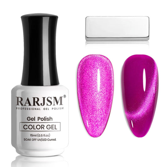 RARJSM Cat Eye Gel Polish Fuchsia Purple Pink 15ml 9D Cateye Silver Glitter Galaxy Universal Velvet Effect Ice Gel Nail Polish with Magnetic Stick UV LED Curing Require Soak Off DIY Home Salon