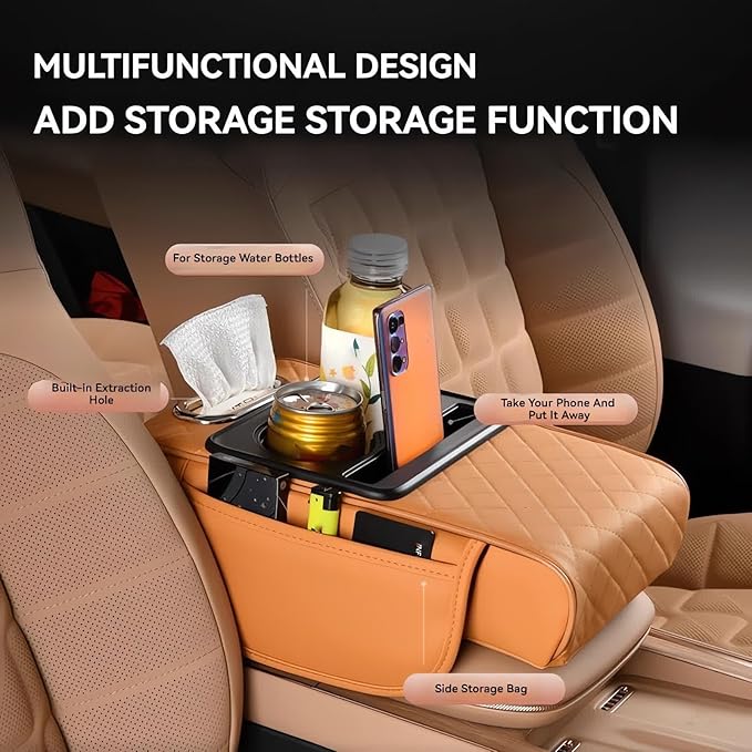 Multifunctional PU Leather Car Armrest Box Mat, 5-in-1 Multifunctional Car Armrest Cushion, Center Console Cover with 2 Cup Holder, For Storing Tissues, Phones, Wallets, Drinks, for Most Cars (Orange)