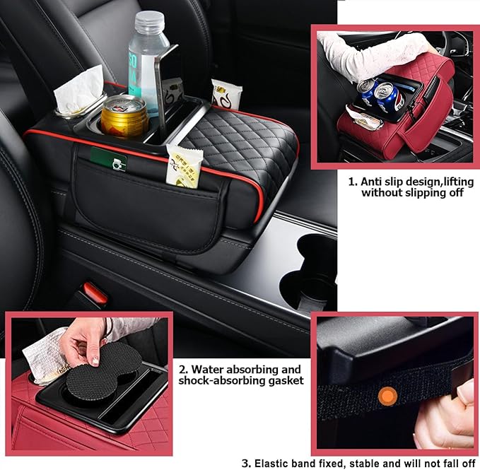 Car Armrest Storage Box for Nissan Hardbody (D21) 1986–1997, Center Console Organizer with Side Pocket, Ergonomic Memory Foam Armrest Cushion, Car Elbow Support Pad,B Black Red