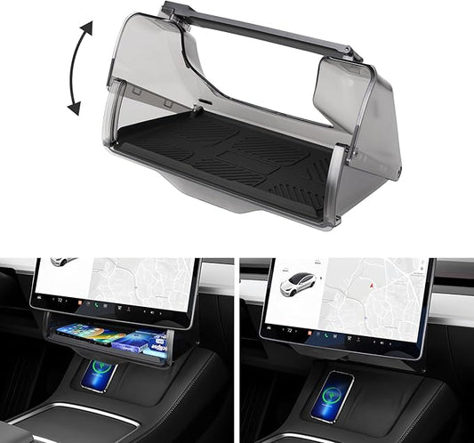 Canvcle Hidden Under Screen Storage Box for 2016-2026 Tesla Model Y/Model 3 Accessories,One‑click open & Silent Damping Slides Center Console Organizer (Fit New Model Y Juniper/Model 3 Highland)