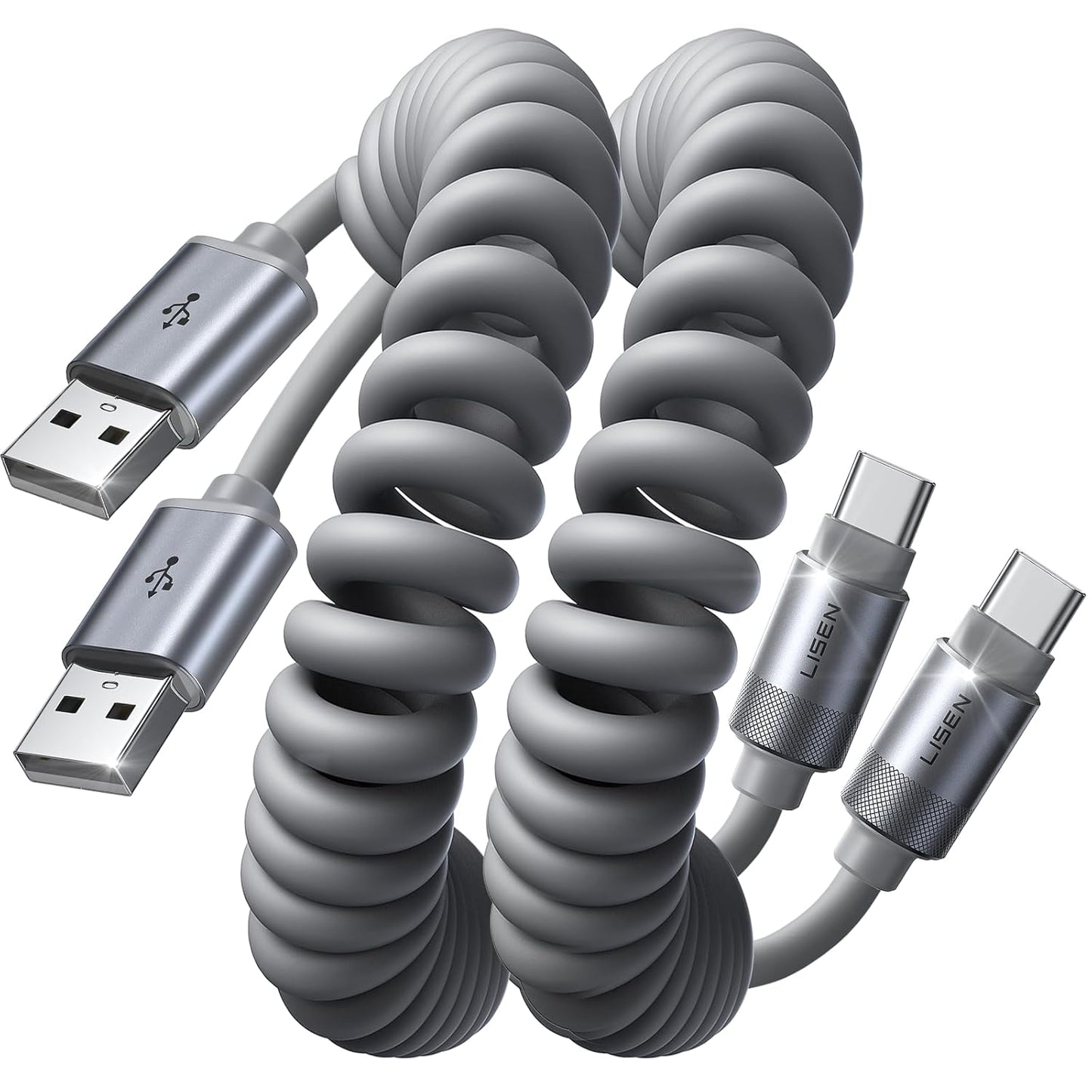 LISEN Coiled USB C Cable, 2 Pack for Android Auto & CarPlay Cable, 4FT Short USB A to USB C Cable Compatible with iPhone 16/15, Samsung Galaxy S25/S24/S23 A15/A14, Google Pixel 9/8, Moto, OnePlus, TCL
