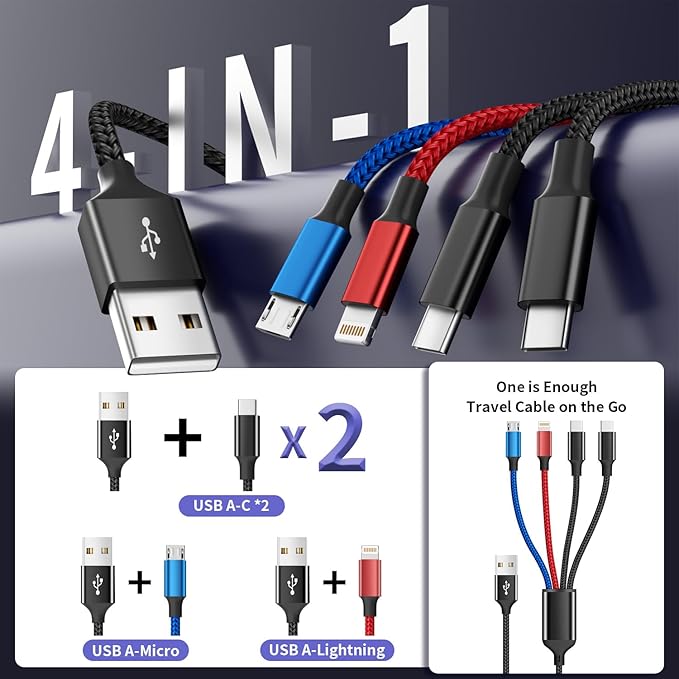 MPATIBY Dual Type-C 4 in 1 Multi Charging Cable for Multiple Devices with 2 USB-C/Lightning/Micro Port, USB Cable iPhone Charger Cord, Travel Charger for iPhone17-8, Android iPad and More- 3Packs 5FT