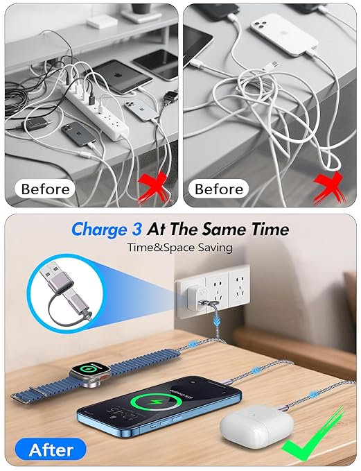 1Pack Multi Charging Cable Cord for Travel Essentials,Apple Watch Charger,iPhone Charger,[3-in-2] Type C/L Cable Portable Designed for iWatch,iPhone 17-8,Galaxy S25-21,AirPods,iPad-1.8M Gray