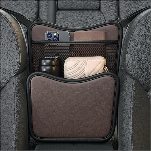 Car Organizer Storage Between Seats, Nappa Leather Auto Handbag Holder for Document Phone Storage, Large Capacity Automotive Console Pocket Purse, Car Accessories (Brown)