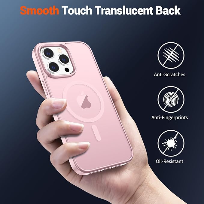 SUPFINE Magnetic for iPhone 13 Pro Max Case with Screen Protector (Compatible with MagSafe) (Military Grade Drop Protection) Translucent Matte Shockproof Phone Cover,Light Pink
