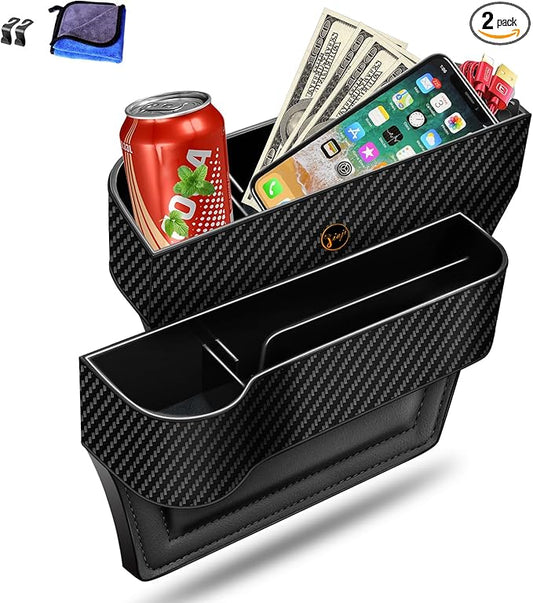 Car Seat Gap Filler Organizer, 2 Pack Multifunctional Auto Console Side Storage Box with Cup Holders 2 Seat Hooks for Drink, Car Organizer Front Seat for Holding Phone, Sunglasses