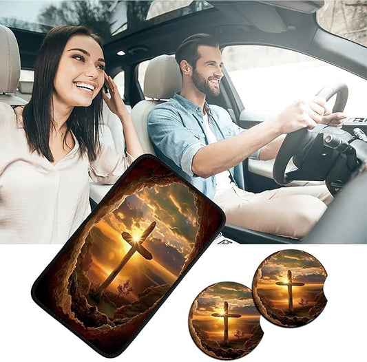 Car Armrest Cover Pads Universal Fashion Cute Auto Center Console Armrest Cover Pad with 2PCS Car Coasters Soft Waterproof Car Armrest Seat Protector for Women, Sunrise Cross