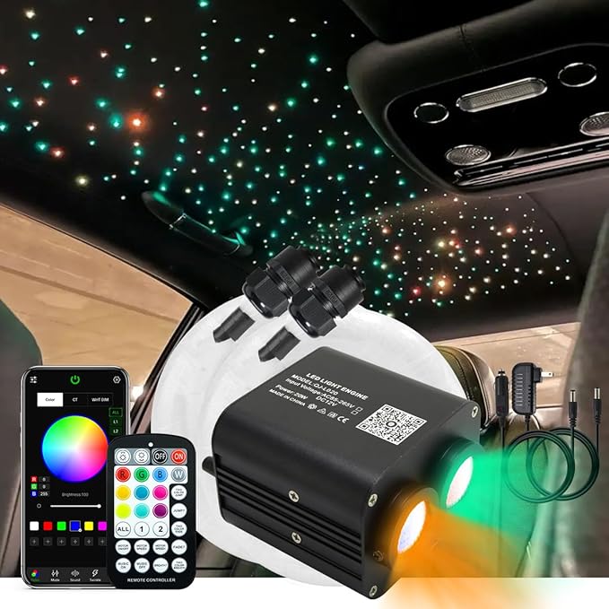 AKEPO 20W Twinkle Dual-Head Dual Color Fiber Optic Lights, Fiber Optic Star Ceiling Light Kit Sound Activated APP Remote Control for Car Starlights Headliner/Home 600pcs 9.8ft/3m Fiber Strands