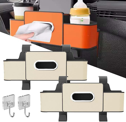 3-in-1 Car Backseat Organizer, 2026 Upgraded Multifunctional Car Seat Back Storage Box, Backseat Car Organizer with 2 Cup Holders, Tissue Box & Hooks, Universal Car Essentials (2Pack D)