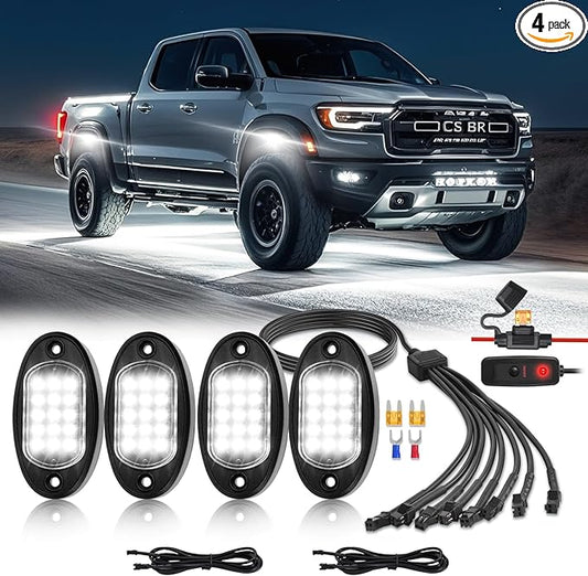 4 Pods White LED Rock Lights with Switch Extension Harness, 6000K 24 LEDs Pure White Neon Underglow Light for ATV SUV UTV RZR SXS Car Trailer Truck, IP67 Waterproof Under Trail Rig Fender Lighting