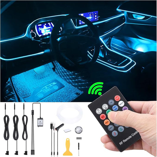 Car Atmosphere Light Kit 4m Fiber Optic RGB Multicolor Sound Active Music Sync Memory Function RF Remote Controller USB Car Interior Ambient Lighting Kit DC 12V