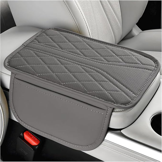 Car Center Console Cover, Leather Auto Armrest Cushion Pad with Two Storage Pockets, Waterproof Arm Rest Box Mat Protective Cover for Sedan SUV Truck, Car Accessories (Gray)