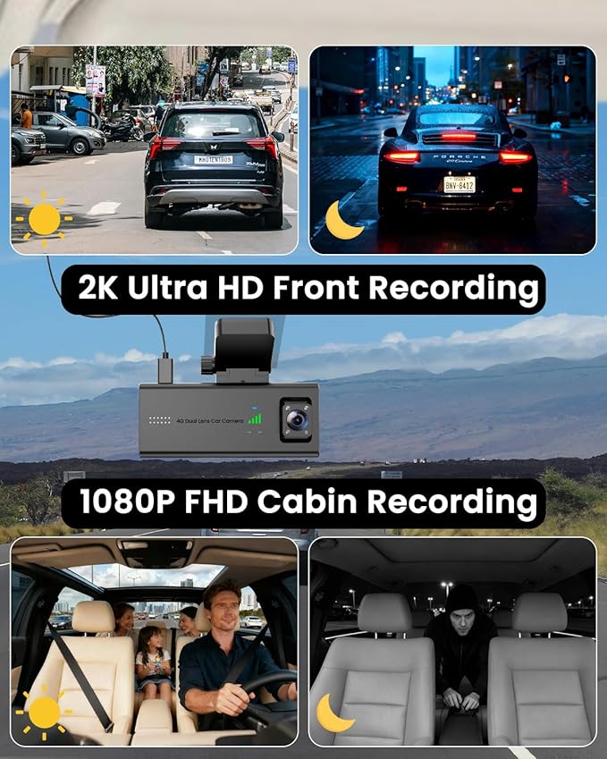 4G LTE Dash Cam with SIM Card, Live Streaming Car Security Camera Front & Cabin, 24/7 Parking Mode, AI Motion Alerts, Remote Viewing & 2-Way Talk, SD/Cloud, Anti-Theft Surveillance for Fleet & Family