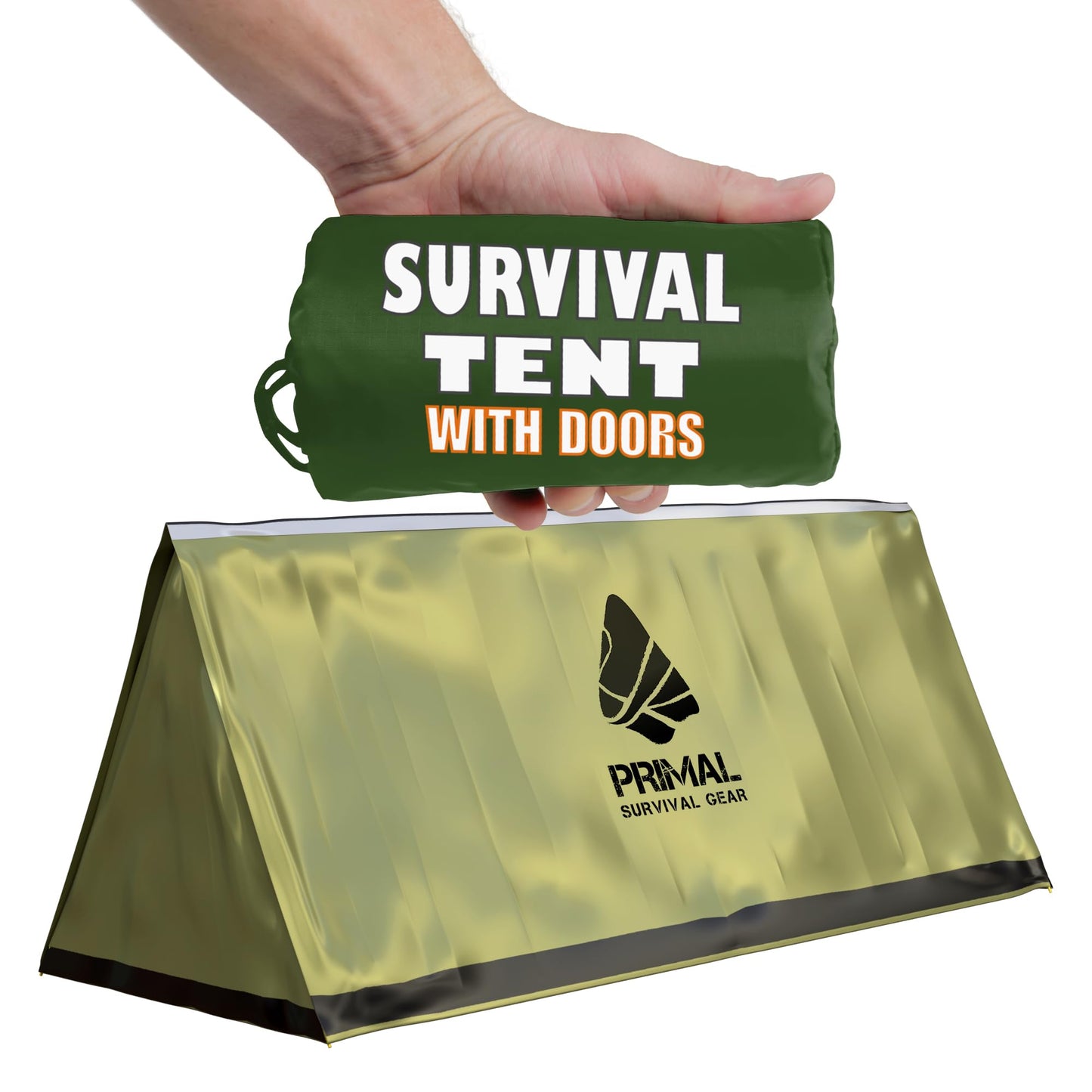 Orange Polyester Survival Tent with Doors - Compact, Durable, All-Season Shelter for Camping, Hiking, and Emergency Preparedness