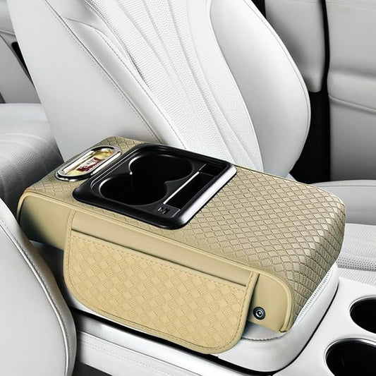 2026 Upgraded Car Center Console Cushion with 30w USB& Type-C Charging Ports, Leather Car Armrest Pad Cover, Interior Accessories for Most Vehicles (Classic Flat Version, Beige)