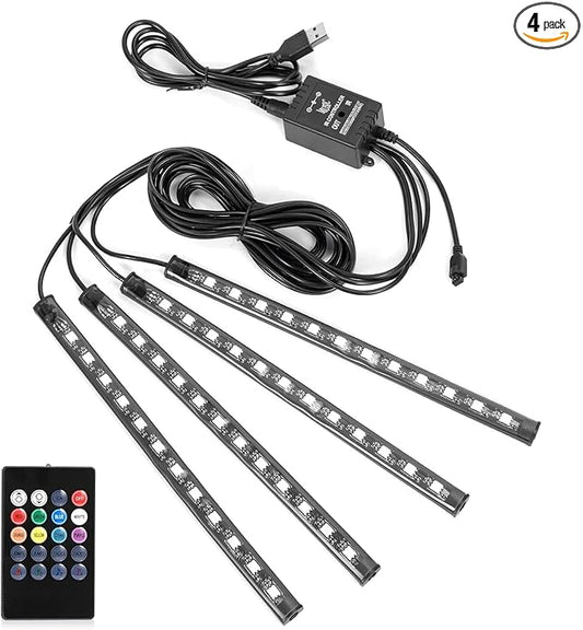 Car LED Strip Lights Christmas, 4Pcs 48 LED Interior Lights, Multicolor Music Car Strip Light Under Dash Lighting Kit with Sound Active Function and Remote Controller, DC 5V