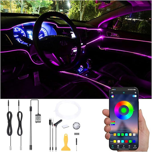 Car Interior Strip Lights, 2 in 1 Multicolor RGB Car Ambient Lighting Kit, 3m Fiber Optic EL Neon Tube Light, DIY Mode Music Sync APP Control DC 12V