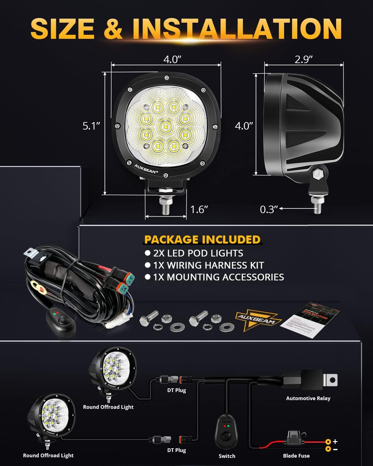 Auxbeam P4 Series Flood Beam LED Pods 4 Inch 90W Round Offroad Fog Lights Driving Flood Light Bar Bumper A-Pillar Hood Mount for Trucks ATV UTV Motorcycle Jeep