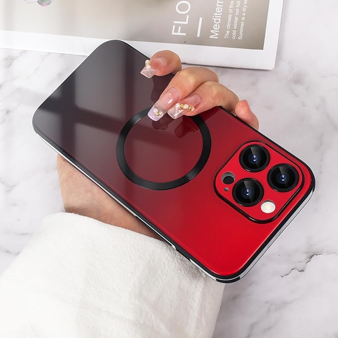 Guppy Compatible with iPhone 14 Pro Max Case Magnetic, with Full Camera Lens Protector [Compatible with MagSafe] Scratch Resistant Gradient Glass Back Cover Phone Case-Red
