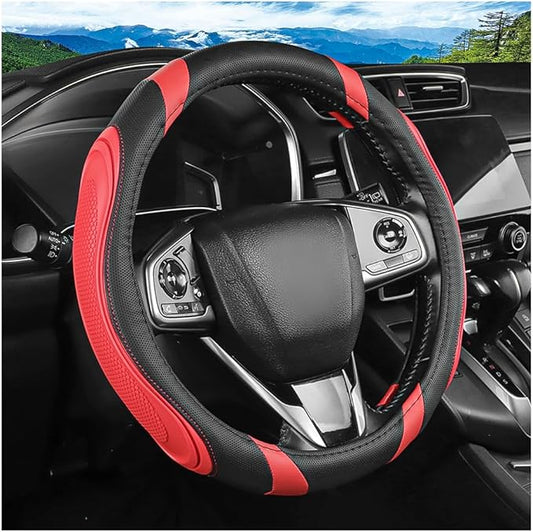 Car Steering Wheel Cover, Breathable Soft Leather Vehicle Wheel Cover Protector for Men Women, Non-Slip Automotive Interior Protection Accessories, Universal for Most Vehicles (Black/Red)