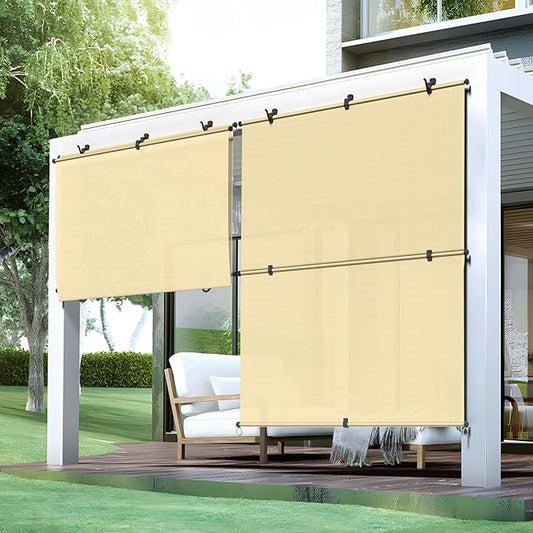 Bynbbur 8'W x 14.5'H Outdoor Patio Shades Foldable Roller Blinds, 220 GSM Sun Shade Roll Up Porch Screens Exterior Shade Cloth for Deck Pergola Backyard, Beige