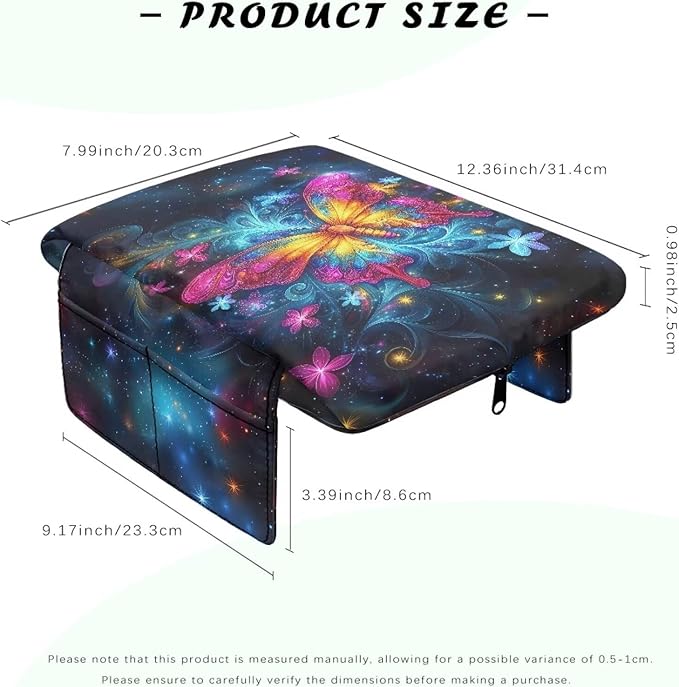 Dreaweet Car Center Console Cover with Pockets Galaxy Butterfly Car Accessories Thick Arm Rest Cover for SUV Truck Sedan Non Slip Comfortable Armrest Cushion Cover Pad
