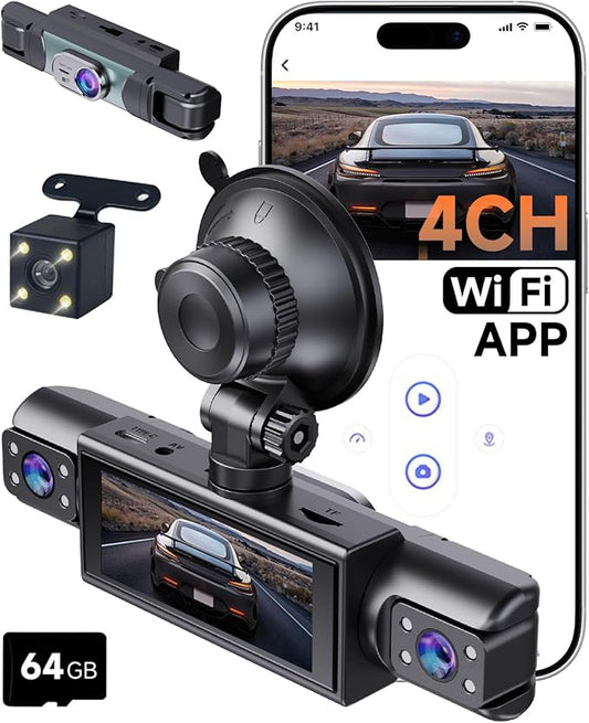 4 Channel Dash Cam 360° View, 2K Car Dash Cam Front and Back, 4-Way Front Rear Inside Recording, APP Control, 8 IR Night Vision, Parking Monitor, G-Sensor, Free 64GB TF Card