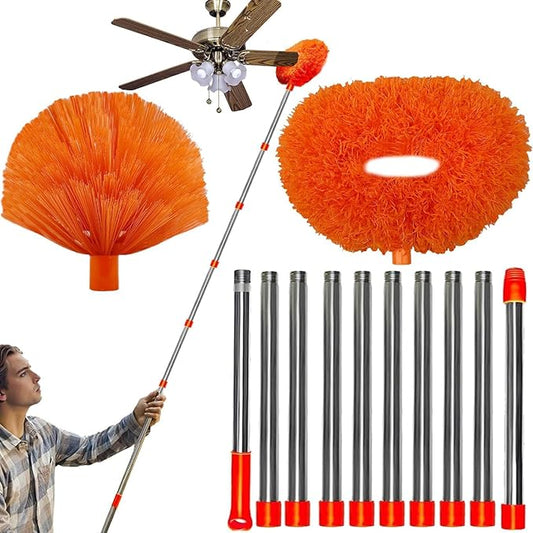 20+ Feet High Reach Dusting Kit, Cobweb Duster & Ceiling Fan Duster with 3-14 ft Extension Pole for Cleaning, Microfiber Feather Duster Cleaner for Cleaning Walls Bookshelves Furniture Door Window
