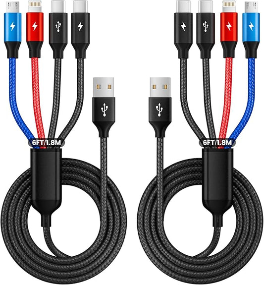 2Packs 6FT Dual Type-C 4 in 1 Multi Charging Cable for Multiple Devices with 2 USB-C/IP/Micro Port, USB Cable iPhone Charger Cord, Travel Car Accessories for iPhone17-8, Galaxy 25 Android iPad, More