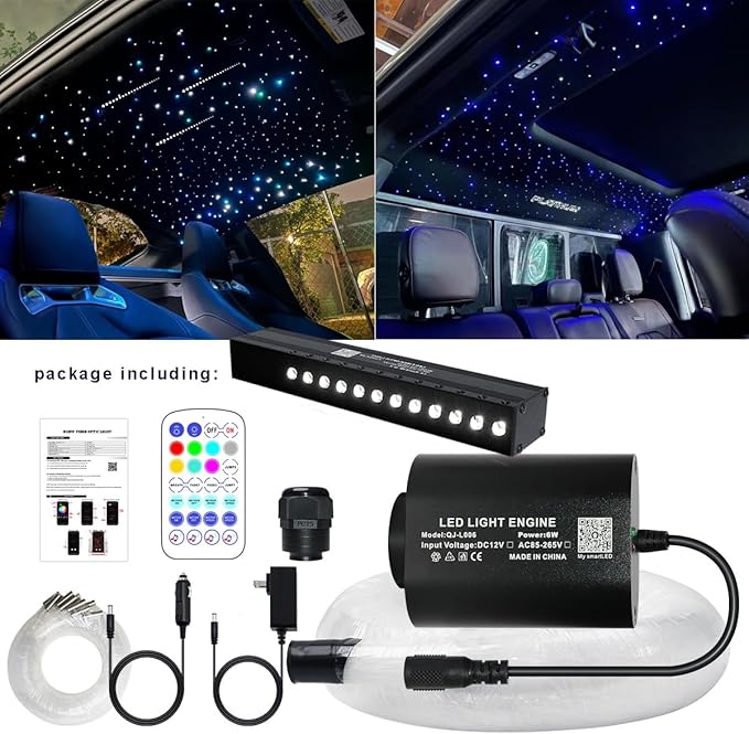 AZIMOM Mini 6W Twinkle 600pcs0.03in 13.1ft Fiber Optic Starlight Headliner+180pcs Pure White Meteor Shooting Star for Car Home, End Glow Fiber Strands Sound-Activated APP& Remote Control