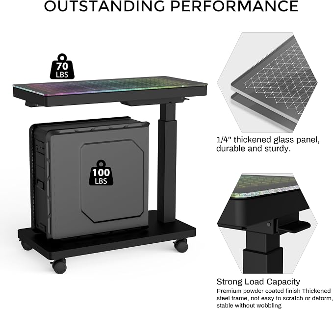 EUREKA ERGONOMIC Height Adjustable Computer Tower Stand, Illuminated Glass
